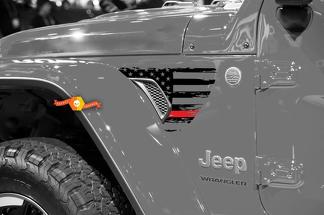 Jeep Wrangler JL JLU Gladiator Thin Red Line Distressed American Flag Fender Vent Calcomanía de vinilo para 2018-2021
