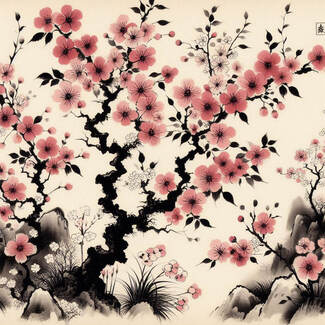 Pintura sumie tradicional japonesa de sakura. Etiqueta adhesiva con estampado.
 1