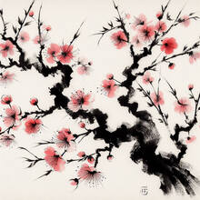 Pintura sumie tradicional japonesa de sakura. Etiqueta adhesiva con estampado.
 2