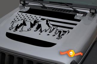 Jeep 2018-2021 Gladiator JT Wrangler JL JLU Hood EE. UU. Bandera Montañas Bosque Vinilo único Etiqueta adhesiva Gráficos
