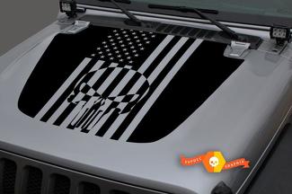 Jeep 2018-2021 Gladiator JT Wrangler JL JLU Hood Punisher Skull USA bandera vinilo calcomanía gráfico
