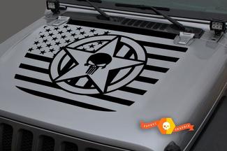 Jeep 2018-2021 Gladiator Wrangler JL JLU JT Hood Skull Punisher Army Star US Bandera de EE. UU. Calcomanía de vinilo Gráfico
