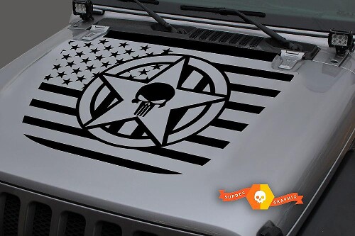 Calcomanía de vinilo para capó de calavera con estrella militar y bandera de EE. UU. para Jeep Wrangler JL JLU y Gladiator JT