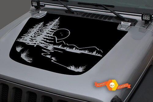 Calcomanía de vinilo con capó de luna y montañas del bosque para Jeep Wrangler y Gladiator