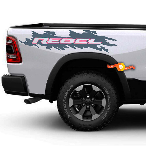 Juego de vinilos decorativos estilo salpicadura Rebel para los laterales de la caja de camión Dodge Ram