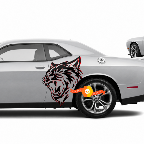 Pegatina de vinilo para guardabarros trasero lateral par con borde rojo y cabeza de gato personalizada para Dodge Challenger