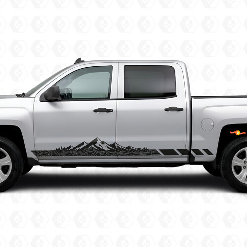 Franjas de vinilo de puerta y panel lateral con diseño de montaña topográfica para Chevrolet Silverado 1500 K2XX 2014-2019