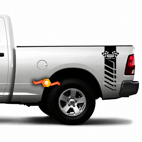 TEXTO POWER TXT Par de franjas segmentadas a cuadros adhesivo vinilo para cabecera para Dodge Ram 1500
